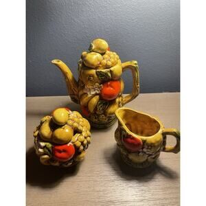 Vintage ARDCO Harvest Raised Fruit Teapot Sugar Bowl & Creamer Set Japan